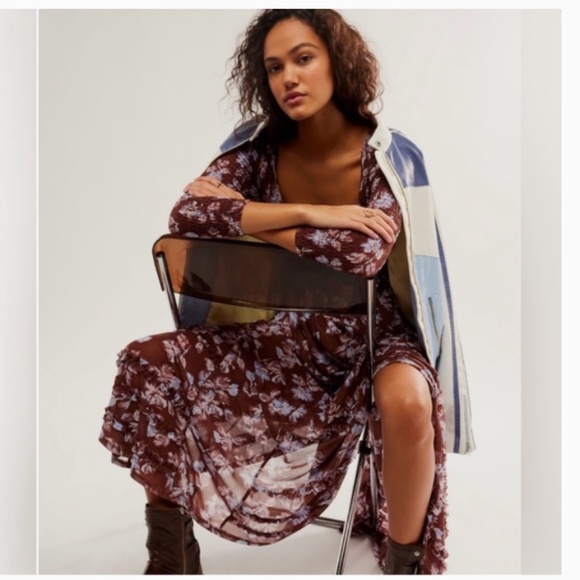 Free People Starlit Nights MIDI Dress Smocked Sheer Slip Floral Medium Med M FP - Picture 3 of 8